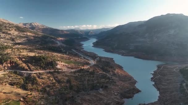 Beautiful Landscape Small Village Banks Mountain River Aerial View — Video