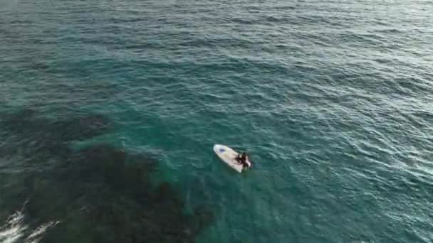 Old Fisherman Spreads His Fishing Nets Sea Shore Aerial View — Video