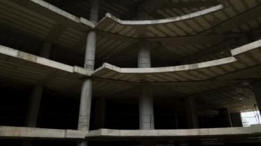 Old unfinished mall, empty space, bare concrete, aerial view. 4K aerial view