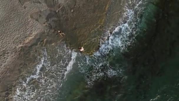 石のビーチにポーズを取る白いパレオのモデル — ストック動画