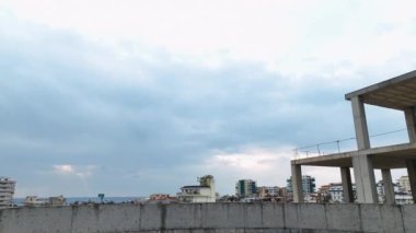 Old unfinished mall, empty space, bare concrete, aerial view. 4K aerial view