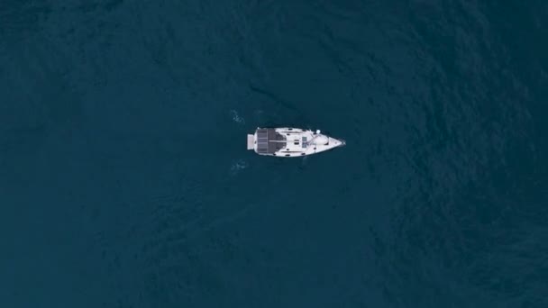 Aerial Footage Rear View Luxury Sailboat Sailing Deep Blue Sea — Video