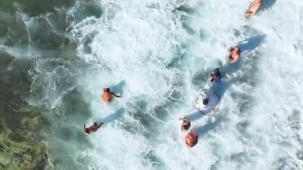 Smooth Drone Flight Group People Beach Performing Baptism Ritual — Stock Video
