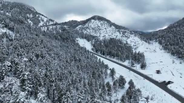 Epischer Schneeweißer Winter Und Schneebedecktes Gebirge Straße Aus Epischer Alpensicht — Stockvideo