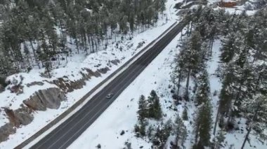 Karla kaplı, kışın bir orman bölgesinden geçen bir araba, hareket halindeki bir arabanın arkasında uçan bir dron.