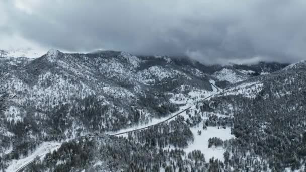 Aerial Epischen Blick Auf Die Winterlandschaft Winterwald Mit Schnee Bedeckt — Stockvideo
