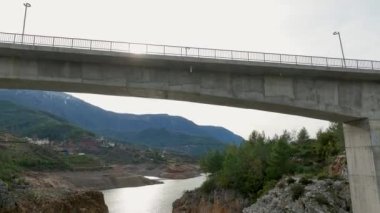 Dağlık nehir kayaların üzerinden geçiyor. Etrafı çamlarla çevrili. Dağlık alanın yukarıdan aşağı görünümü