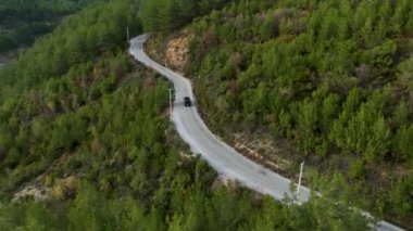 Dağ yolunda araba sürüyorum. Yolculuk. Dağ Ormanı Göl manzarası Çam Ormanı 'ndan geçen araba