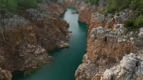 Dağ Geçidinde Bir Nehir Yeşil Ağaçlar Kayalık Kıyıları Olan Dağ — Stok video