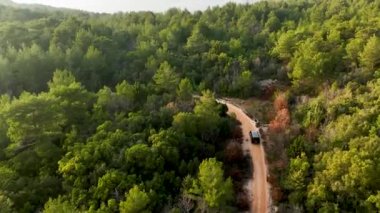 Siyah araba güneşten yanmadan yol alıyor. Baykal Sibirya Rusya seyahati. Sinematik profesyonel hareket