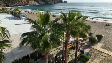 Güneşli Akdeniz 'de Türk sahillerinde güzel ve huzurlu bir taverna. Rüzgarlı havada yeşil palmiye ağaçları.