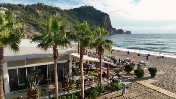 Krásné Klidné Taverna Tureckém Pobřeží Slunném Středozemním Moři Letecký Pohled — Stock video
