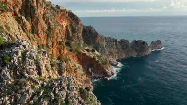Крепость Алании Индейка Средиземное Море Закат Добрый Вечер Горная Крепость — стоковое видео