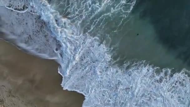 Große Wellen Treffen Einen Einsamen Strand Vertikaler Blick Absteigender Luftbildausschnitt — Stockvideo
