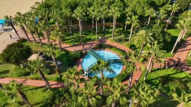 Büyük Yeşil Palmiye Ağaçları Olan Güzel Mavi Çeşme Insanlar Yürüyor — Stok video