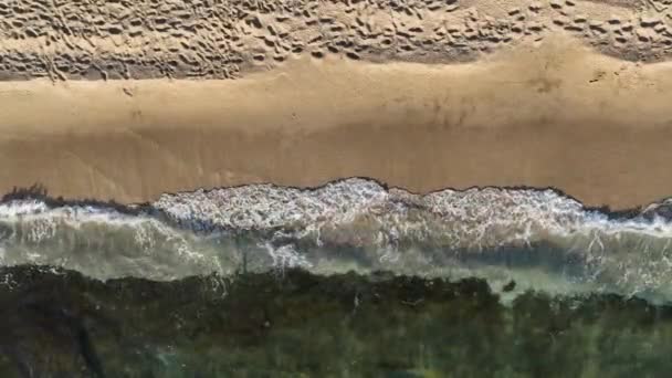 Drone Acima Tiro Praia Areia Dia Verão Enquanto Ondas Mar — Vídeo de Stock
