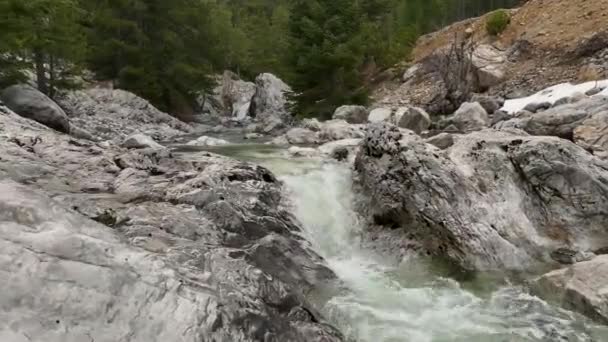 Маленькие Водопады Водной Поверхности Зимнем Лесу Река Быстрый Влажный Камень — стоковое видео