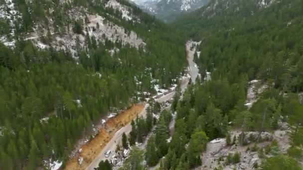 Vinutí Asfaltové Cesty Mezi Majestátními Stromy Vysokohorskou Krajinou Jarním Leteckém — Stock video