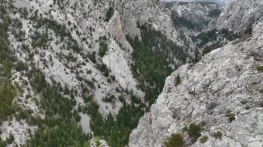 Sonsuz bir dağ ve orman manzarasının sinematik görüntüsü. Dağdaki tepelerin üzerinden uçar ormandaki bulutlu gri renkte.