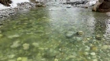 Dağlık bir nehrin köpüren akarsuları, kayalık bir kıyı ve ormanı, insansız hava aracının yakın görüntüsü, ulusal bir Türk hazinesi.