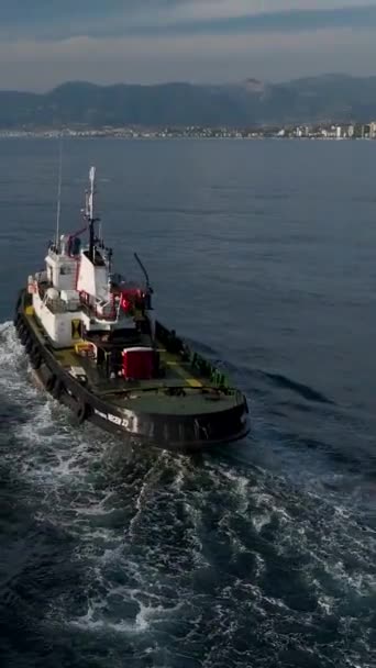 Отправляйтесь Морское Путешествие Буксир Изящно Срезает Лазурное Море Вертикальное Видео — стоковое видео