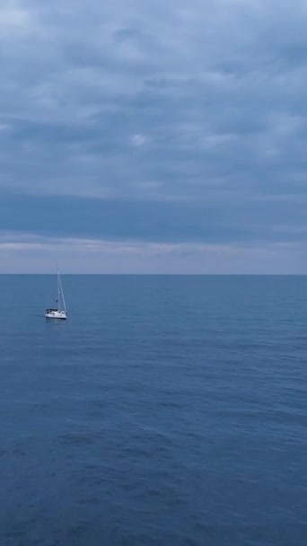 Dikey Videoda Beyaz Bir Yat Limana Yaklaşırken Bir Kış Yelkenlisinin — Stok video