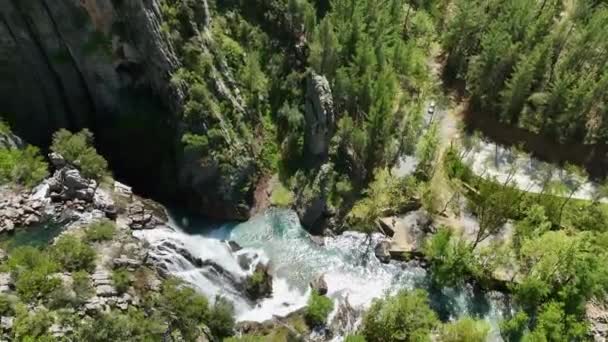 ドローンは壮大な滝の空中の景色を提供し 紺碧の水と白い煙の魅惑的なブレンドを明らかにするので 自然の美しさを通して視覚的な旅に乗り出す — ストック動画