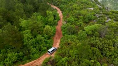 İHA 'nın canlı yeşilliğin içinden geçen ve yağmurdan sonra hala devam eden büyüleyici aurayı yakalayan mistik yolun havadan perspektifini sunarken sihre tanık olun..