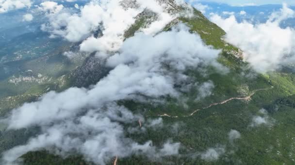 ドローンが魅力的な空中の景色を提供し 雲に覆われたピークとその周辺の風景の息をのむような美しさを紹介するので 霧の山の魅力を発見してください — ストック動画