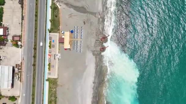 Gain Birds Eye View Beach Construction Project Powerful Breakers Used — Stock Video