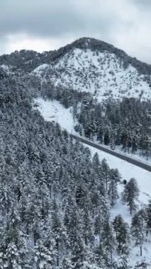 Karlı dağların ve gizemli kış ormanlarının havadan görünüşünü tecrübe edin..