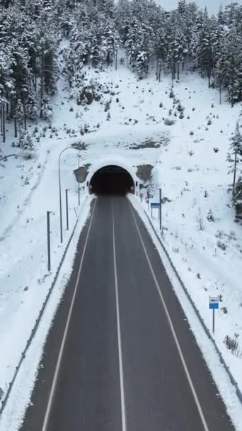 Captura Impresionante Vista Aérea Los Túneles Cubiertos Nieve Las Montañas — Vídeo de stock