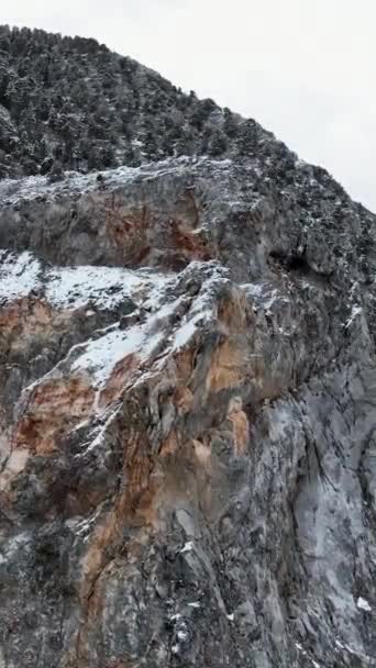 Luftaufnahme Eines Geheimnisvollen Winterwaldes Und Schneebedeckter Berge Aufgenommen Von Oben — Stockvideo