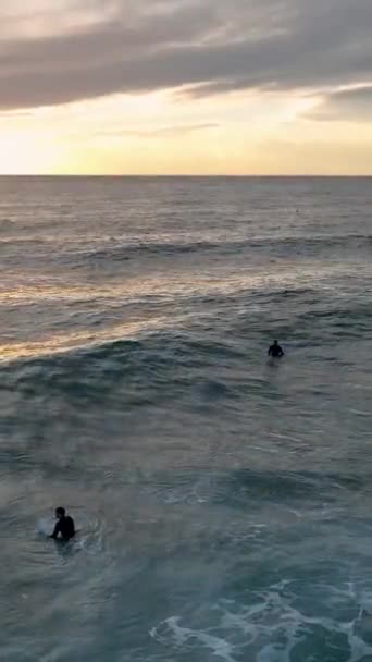 Maravíllate Con Impresionante Vista Aérea Los Surfistas Majestuosa Playa Azul — Vídeos de Stock