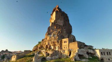 İnsansız hava aracı inanılmaz kaya oluşumlarının üzerinde uçuyor. Muhteşem bir manzara. Kapadokya Türkiye 'nin popüler bir turizm beldesi.