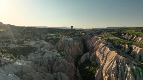 Hot Air Balloons Fly Mountainous Landscape Cappadocia Turkey Aerial View — Stock video