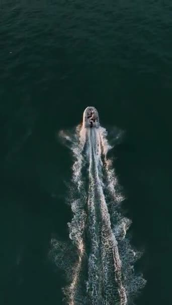 Günbatımında Bir Yelkenliye Binin Şişme Bir Tekne Suda Süzülürken Dikey — Stok video