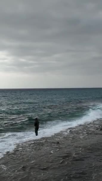 海岸の休暇を人々が歩いて 座って バレーボール 魚をプレイし ビーチの冬の風景の美しさに浸ると この垂直ビデオで描かれています — ストック動画