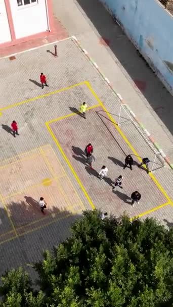 站在校园之上 见证孩子们踢足球和玩得开心的纯粹喜悦 这段垂直的视频展示了这一点 — 图库视频影像