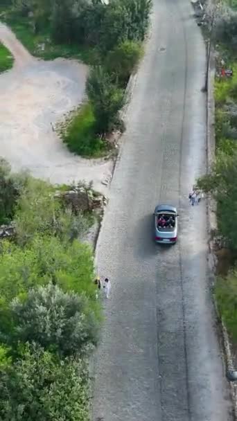 Join Journey Drone Follows Travelers Cabriolet Capturing Aerial View Old — Stock Video