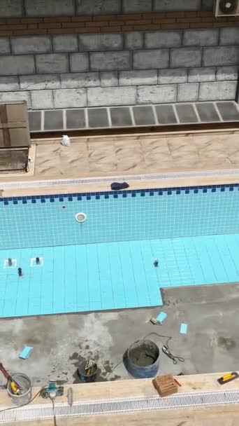 Discover Rejuvenation Swimming Pool Workers Upgrade Tiles Captured Elevated Perspective — Stock Video