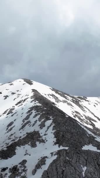 体验一个令人敬畏的空中景象 那是一座巨大的高山 以白雪覆盖的山顶为荣 让大自然的美丽在你的垂直视频中闪耀 — 图库视频影像