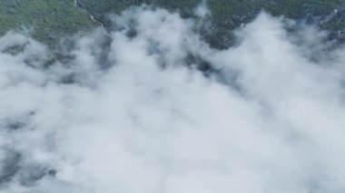 Yüksek dağ zirveleri arasına gizlenmiş bulutlarla kaplı huzurlu orman manzarasını izleyin..