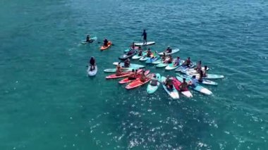 Sakin bir körfezdeki canlı bir festivalde yazı kutlayan bir grup kürekçi görün..