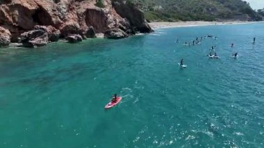 Eğlenceli bir yaz festivali sırasında güneşli bir körfezde kürek çeken ve oynayan bir grup insan görün..