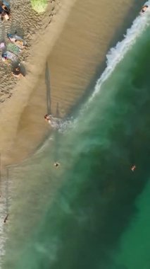 4K 'deki neşeli yaz sahnelerine tanık olun. İnsanlar gök mavisi sularda yüzüyor, bu dikey videoda plaj mutluluğunu yaşıyorlar..