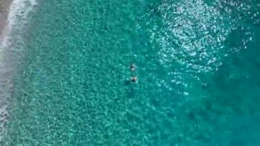 Bir grup, kristal berrak suyla güzel bir sahilde kürek çekmeyi ve yüzmeyi seviyor..