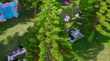 Güzel bir bahçede keyifli bir piknik kutlaması. Dostlar yemeğin ve doğanın huzurunun tadını çıkarıyor..