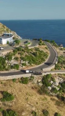 Dikey Video: Altın plaj, palmiye ağaçları ve açık gökyüzünün altında masmavi denizle buluşuyor.