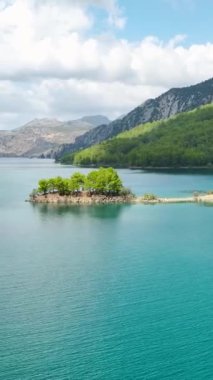 Dikey Video: Yeşil Kanyon 'da Temiz Su ve Berrak Manzaranın Gökyüzünden Görünüşü Altında Yüzen Pano